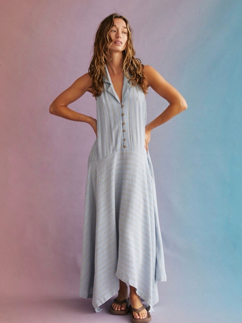 Free People Blue and White Striped Halter Maxi Dress